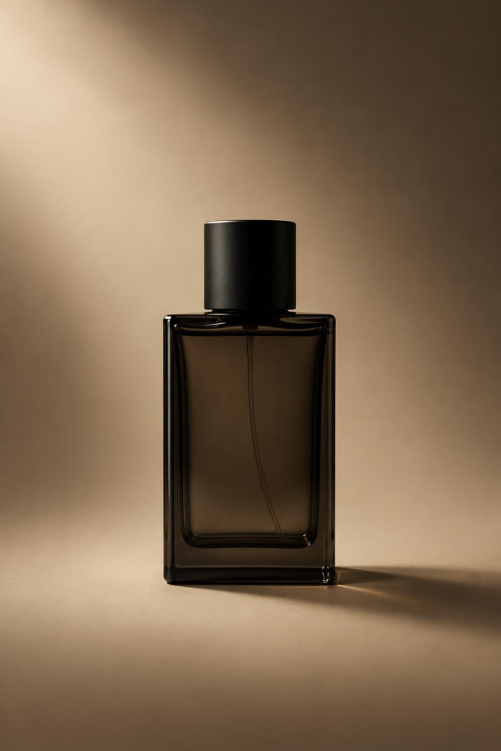 Dark smoked glass cologne bottle in moody light