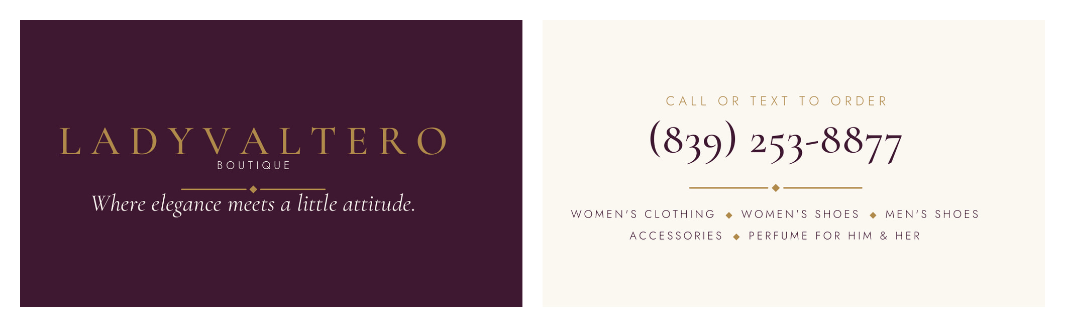 The LadyValtero Boutique business card design, front and back, in plum and gold