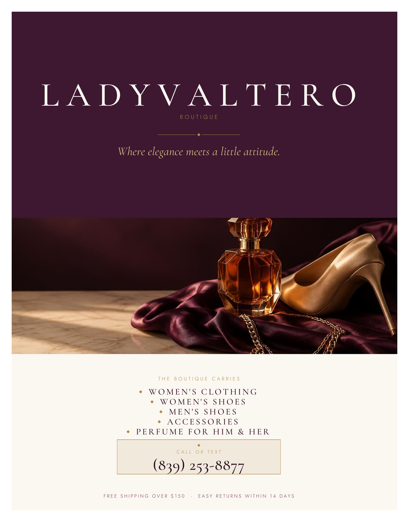 The LadyValtero Boutique flyer design, with the boutique name on a deep plum header above a photograph and the five departments